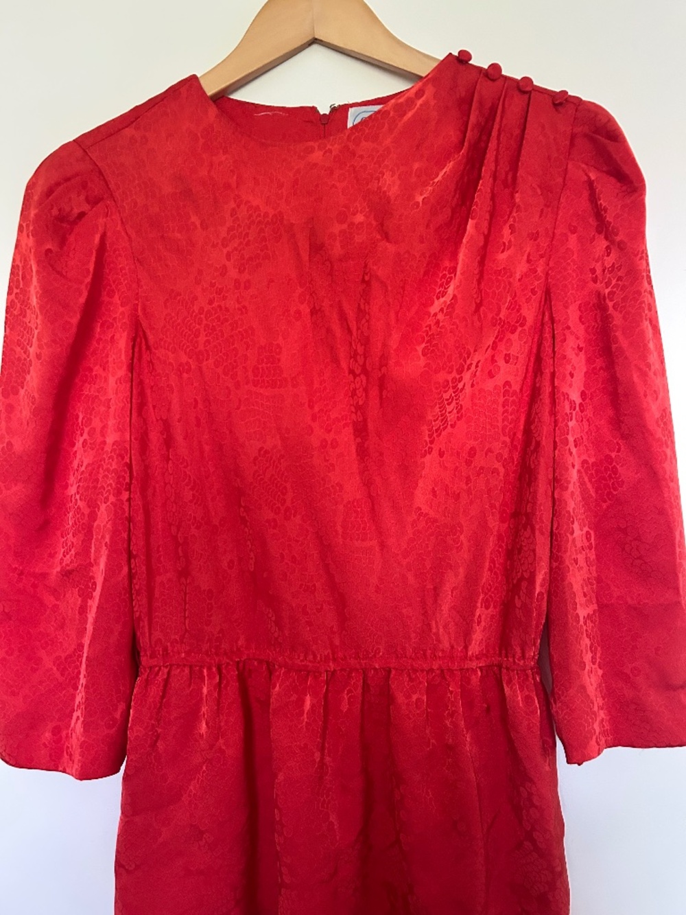 VTG 80’s Leslie Fay Crimson Red Floral Jacquard Tiered Secretary Midi Dress 10